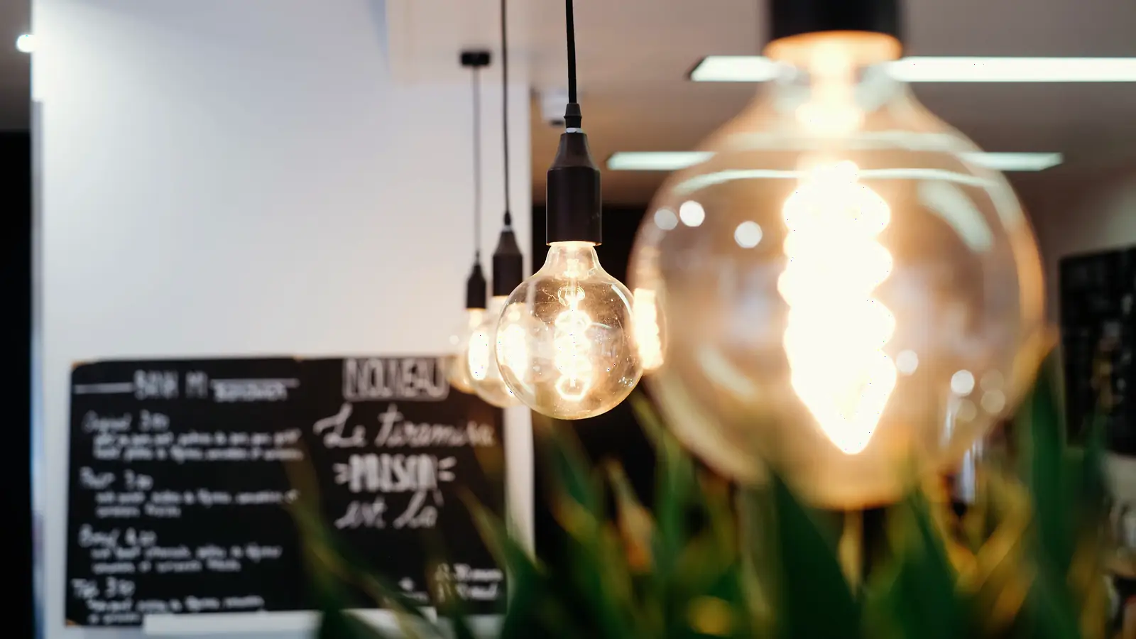 Warm light bulbs glowing in a restaurant