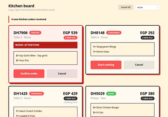 Kitchen display on a tablet with order tickets sorted by status
